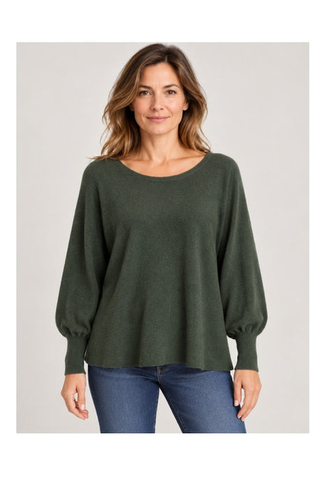 Long-sleeve knit sweater with boat neck, khaki - One Size