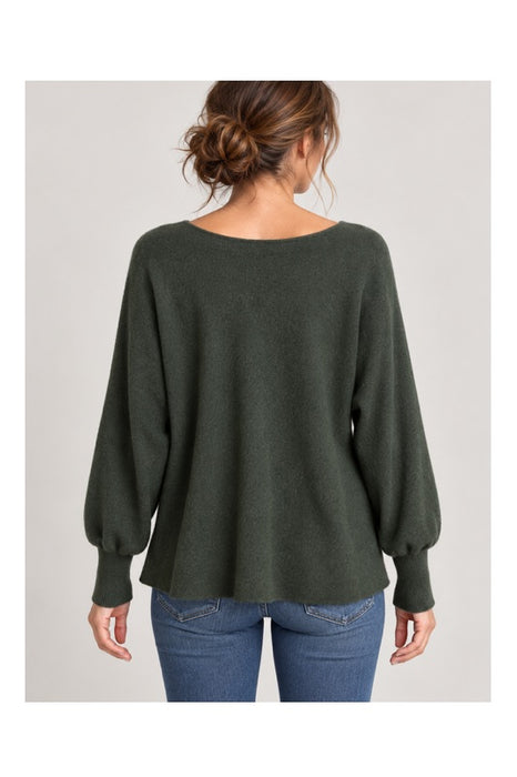 Long-sleeve knit sweater with boat neck, khaki - One Size