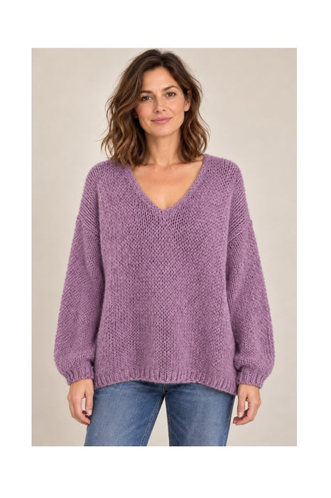 Knitted sweater long sleeve V-neck dusty pink - One Size