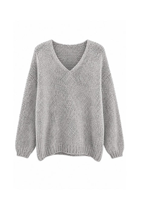 Knitted sweater long sleeve V-neck grey - One Size