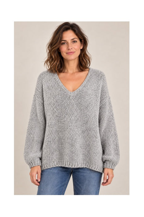 Knitted sweater long sleeve V-neck grey - One Size