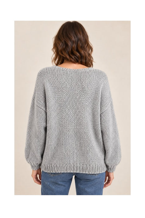 Knitted sweater long sleeve V-neck grey - One Size