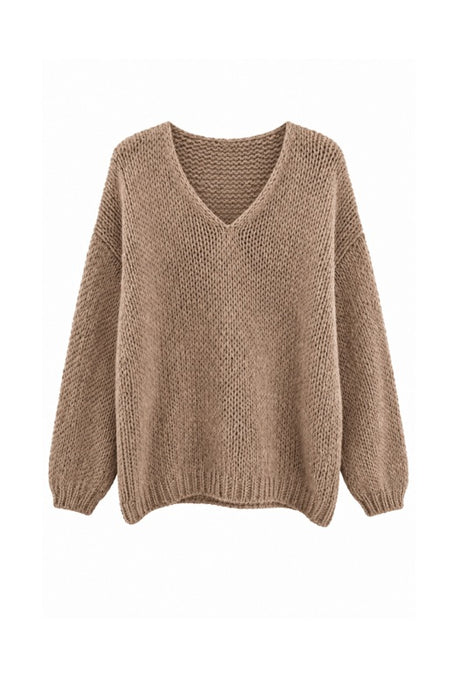 Pull en maille à manches longues, col en V, marron clair - Taille unique