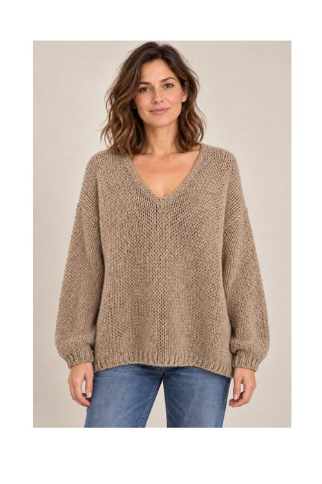 Pull en maille à manches longues, col en V, marron clair - Taille unique