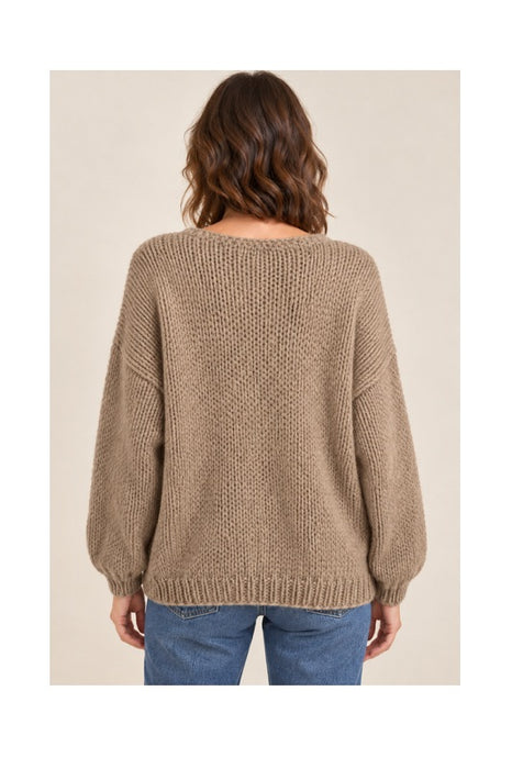Pull en maille à manches longues, col en V, marron clair - Taille unique
