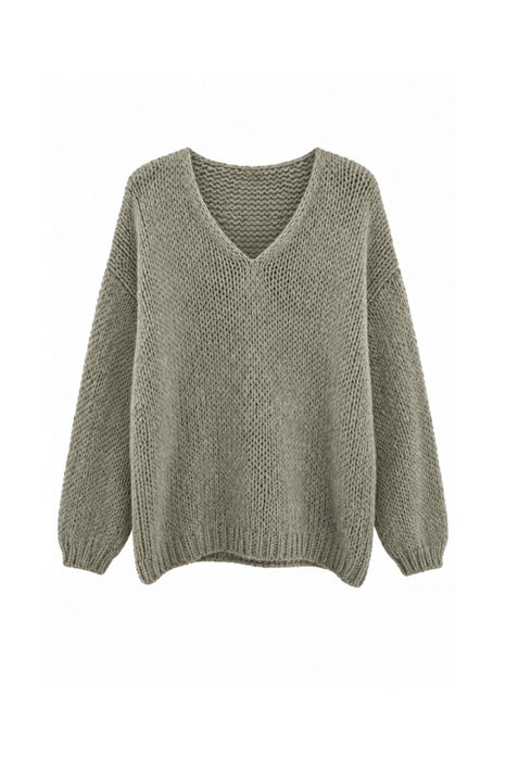 Pull en maille à manches longues, col en V, kaki - Taille unique