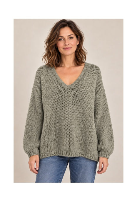 Pull en maille à manches longues, col en V, kaki - Taille unique