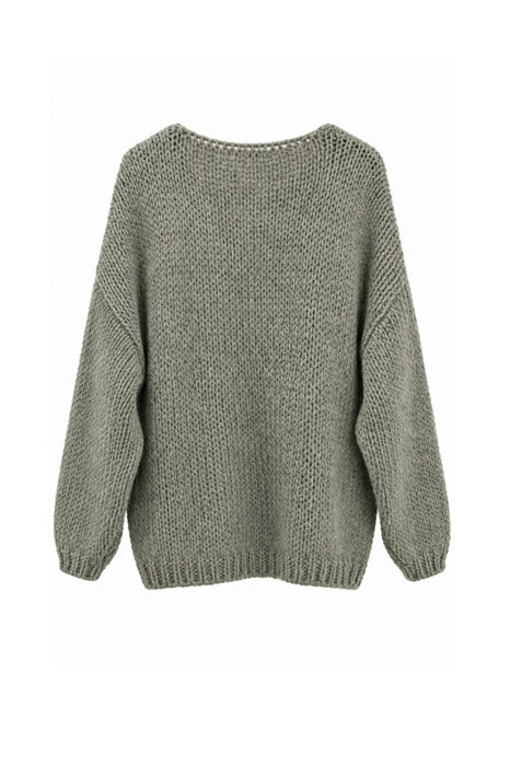 Pull en maille à manches longues, col en V, kaki - Taille unique