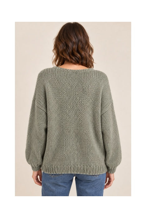 Pull en maille à manches longues, col en V, kaki - Taille unique