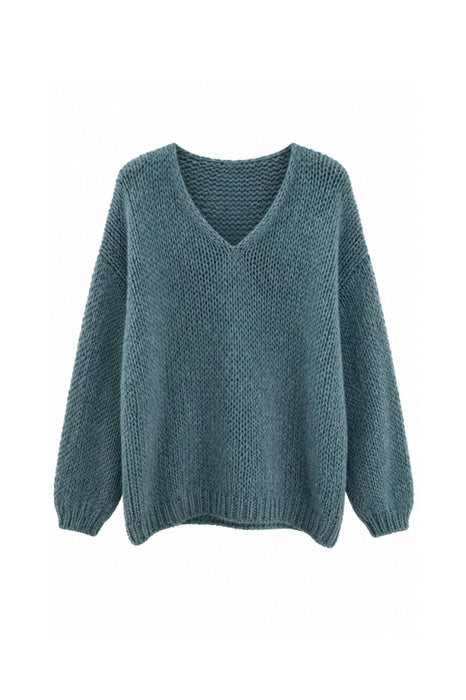 Knitted sweater long sleeve V-neck dark green - One Size