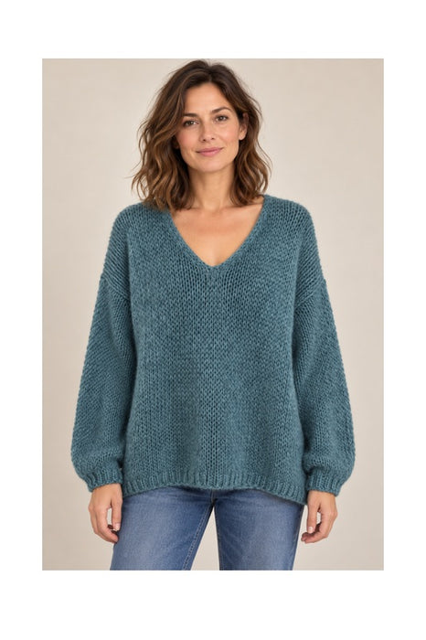 Knitted sweater long sleeve V-neck dark green - One Size