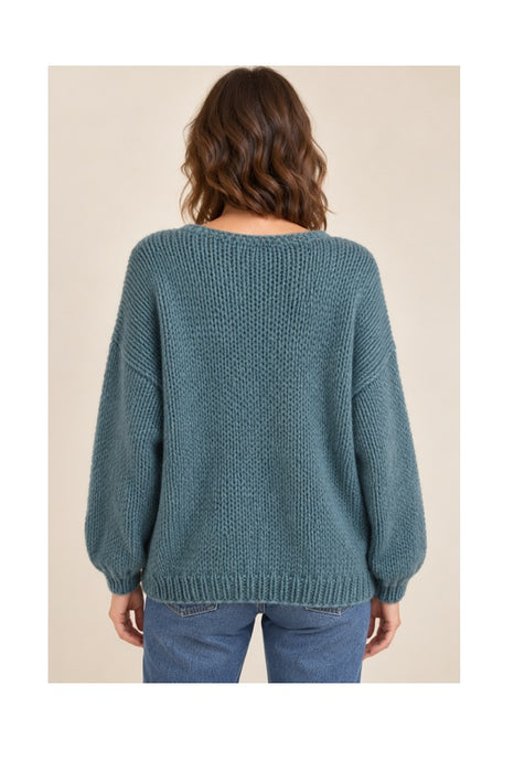 Knitted sweater long sleeve V-neck dark green - One Size