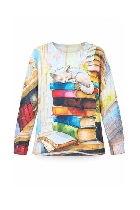 Pull laine/fibres synthétiques chat sur des livres - Taille unique