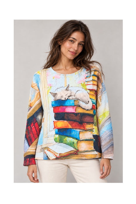Pull laine/fibres synthétiques chat sur des livres - Taille unique