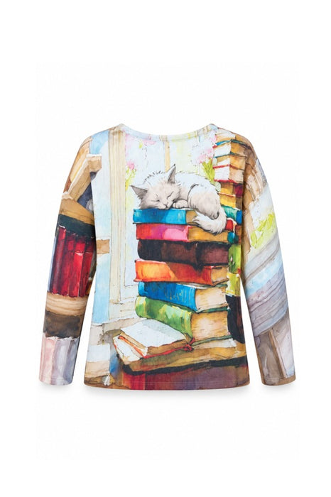 Pull laine/fibres synthétiques chat sur des livres - Taille unique