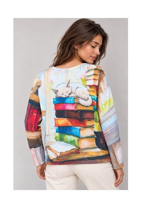 Pull laine/fibres synthétiques chat sur des livres - Taille unique