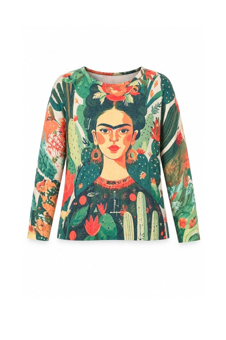Frida Kahlo Wool/Synthetic Fiber Sweater, Green with Cacti – One Size