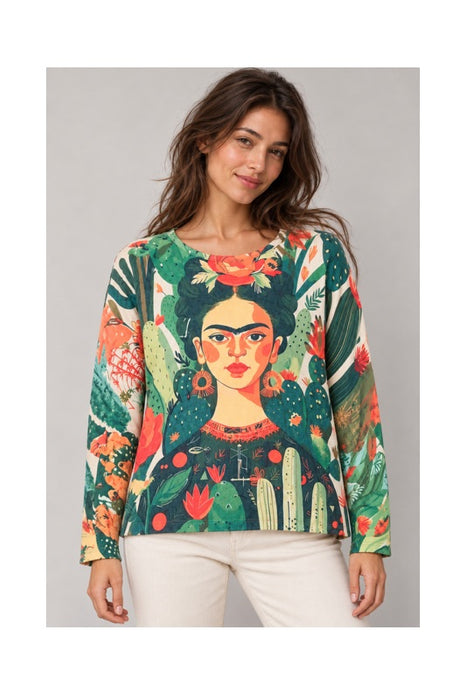Frida Kahlo Wool/Synthetic Fiber Sweater, Green with Cacti – One Size