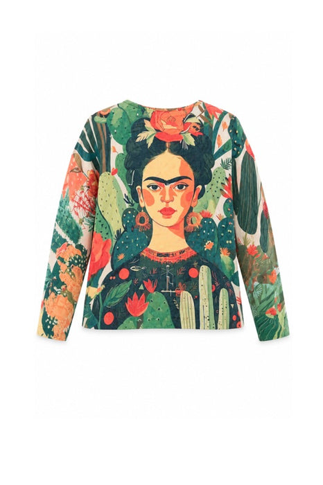 Frida Kahlo Wool/Synthetic Fiber Sweater, Green with Cacti – One Size