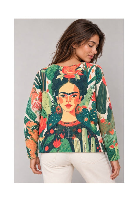 Frida Kahlo Wool/Synthetic Fiber Sweater, Green with Cacti – One Size