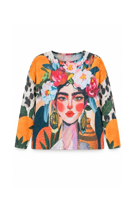 Pull laine/fibres synthétiques Frida Kahlo jaune à fleurs - Taille unique