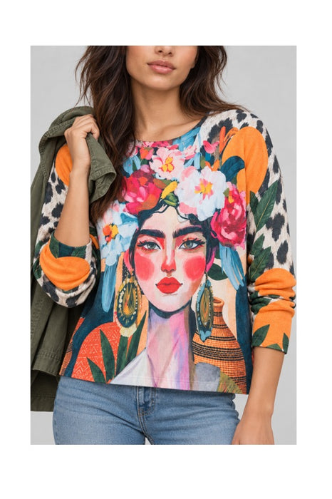 Pull laine/fibres synthétiques Frida Kahlo jaune à fleurs - Taille unique
