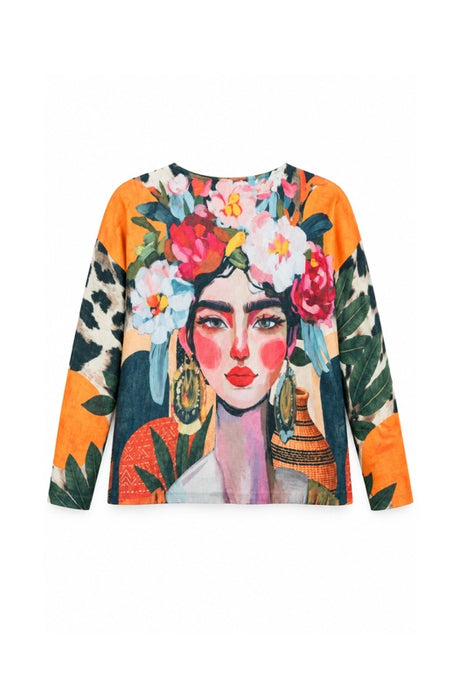 Pull laine/fibres synthétiques Frida Kahlo jaune à fleurs - Taille unique