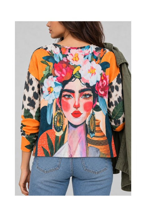 Pull laine/fibres synthétiques Frida Kahlo jaune à fleurs - Taille unique