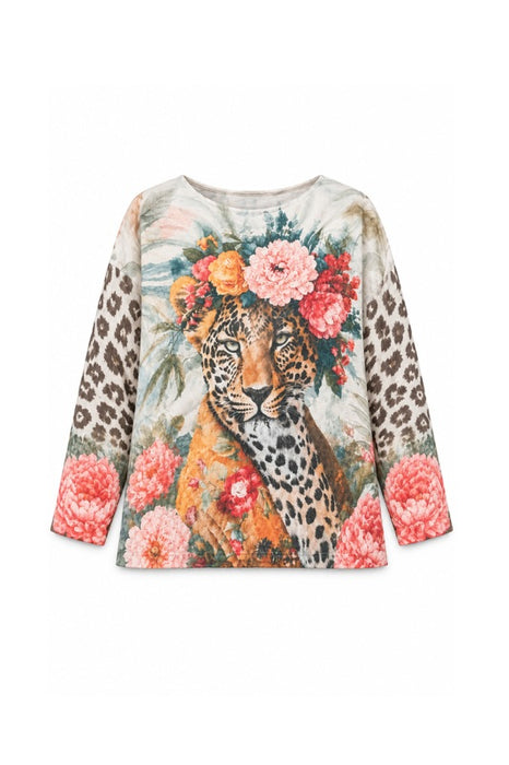 Wool/Synthetic Fiber Sweater, Leopard Print with Flowers - One Size Fits All