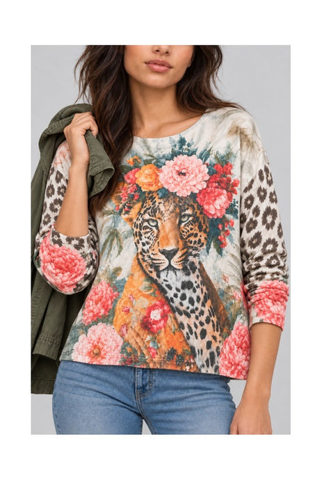 Wool/Synthetic Fiber Sweater, Leopard Print with Flowers - One Size Fits All