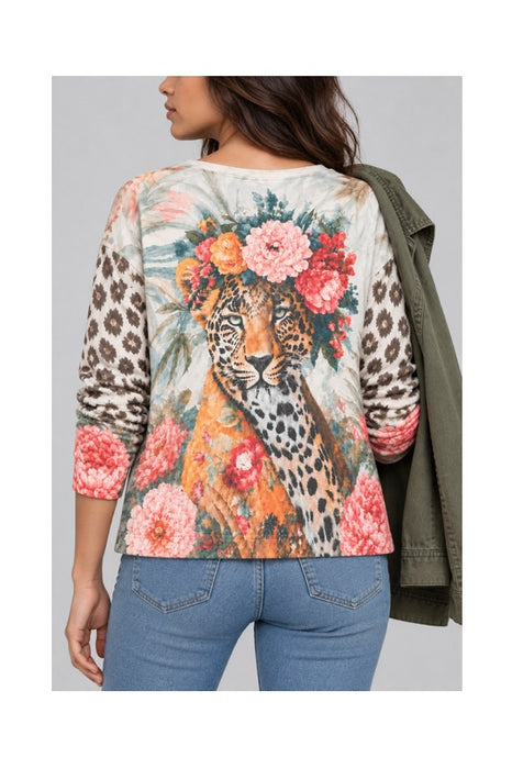 Wool/Synthetic Fiber Sweater, Leopard Print with Flowers - One Size Fits All