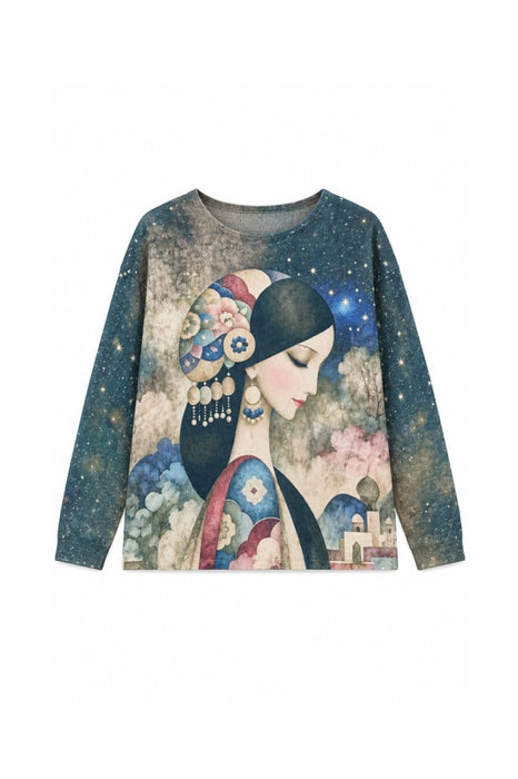 Pull femme en laine/fibres synthétiques avec ciel nocturne - Taille unique