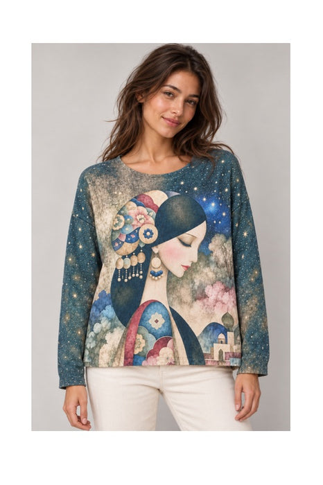 Pull femme en laine/fibres synthétiques avec ciel nocturne - Taille unique