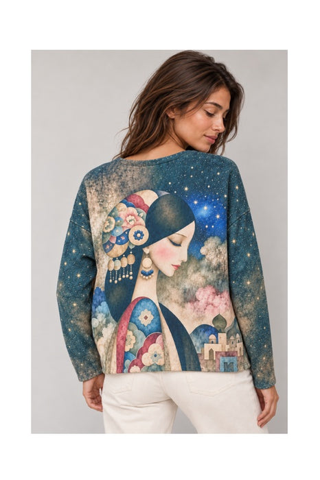 Pull femme en laine/fibres synthétiques avec ciel nocturne - Taille unique