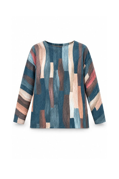 Pull laine/fibres synthétiques rayures longitudinales pétrole/rose - Taille unique