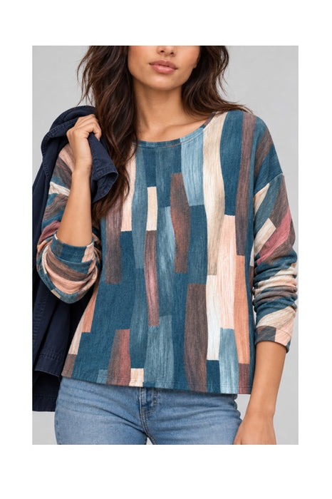 Pull laine/fibres synthétiques rayures longitudinales pétrole/rose - Taille unique