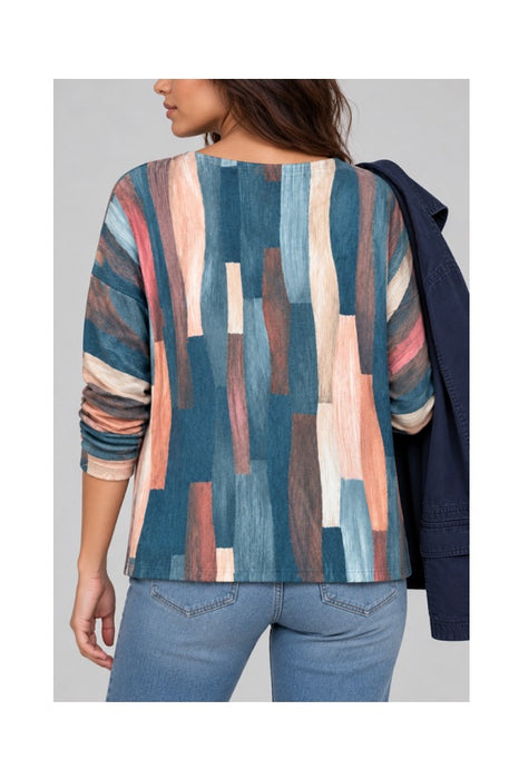 Pull laine/fibres synthétiques rayures longitudinales pétrole/rose - Taille unique