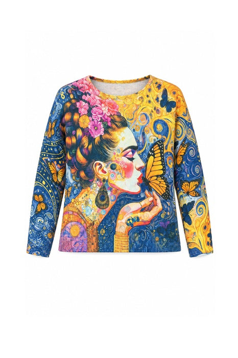 Pullover Wolle/Kunstfasern Frau mit Schmetterling blau/gelb/rosa - One Size