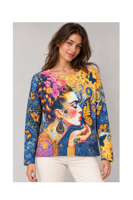 Pullover Wolle/Kunstfasern Frau mit Schmetterling blau/gelb/rosa - One Size