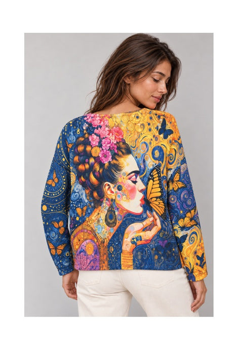 Pullover Wolle/Kunstfasern Frau mit Schmetterling blau/gelb/rosa - One Size