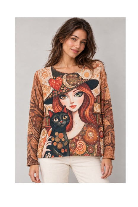 Wool/Synthetic Fiber Sweater for Women with Black Cat - One Size