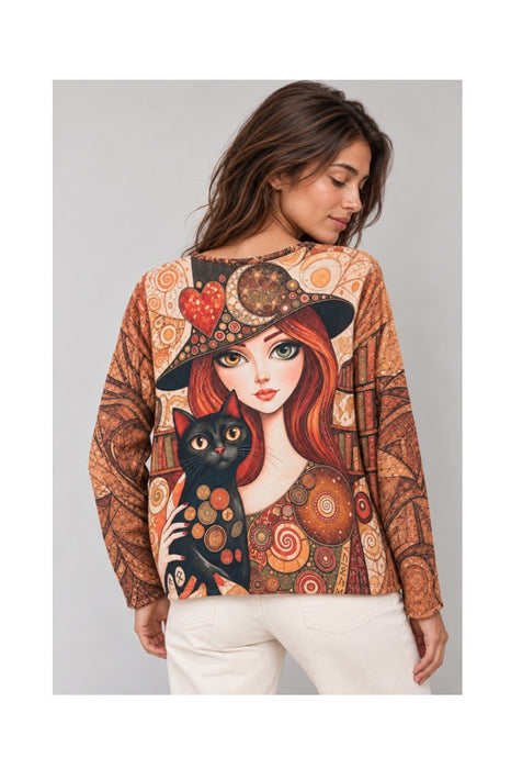 Wool/Synthetic Fiber Sweater for Women with Black Cat - One Size