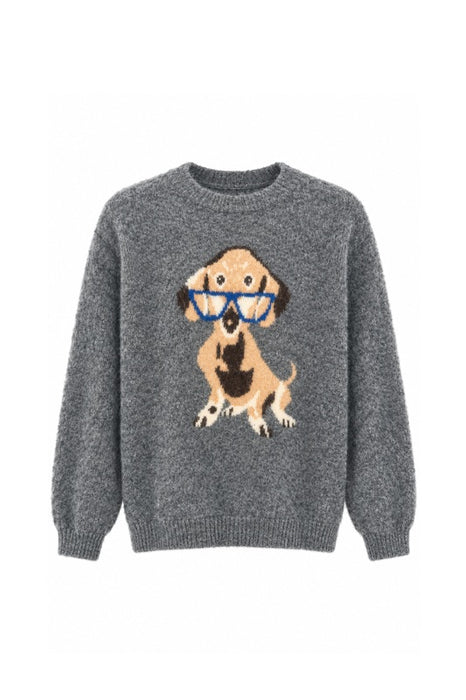 Pull en maille gris avec chien beige/marron - Taille unique