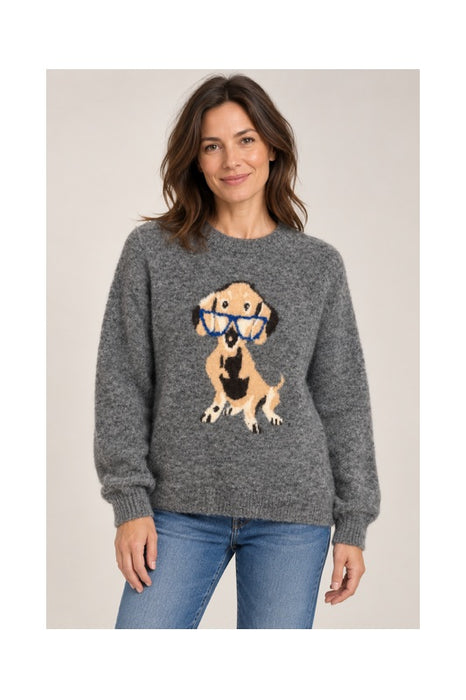 Pull en maille gris avec chien beige/marron - Taille unique