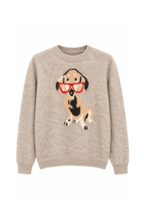 Beige knitted sweater with light brown/dark brown dog - One Size