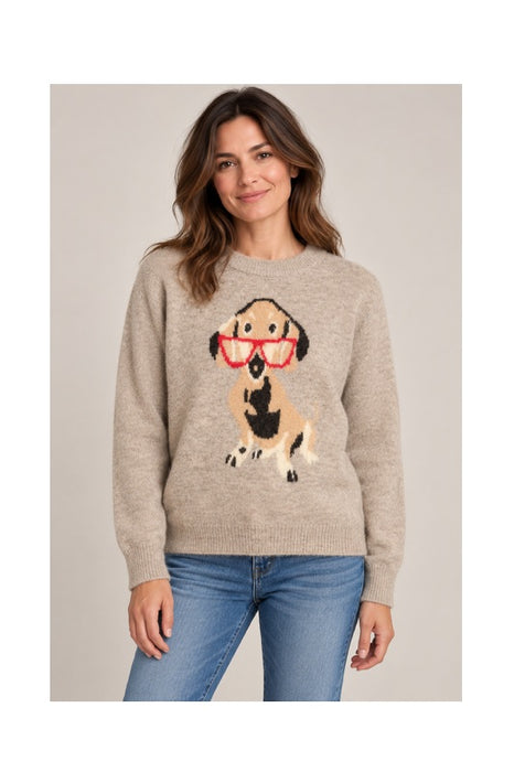 Beige knitted sweater with light brown/dark brown dog - One Size