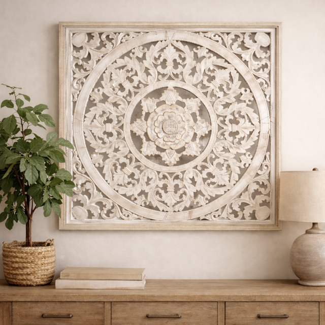 Wanddeko quadratisch Blume white wash 80x80 cm