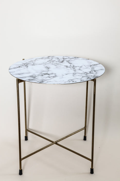 Table d'appoint en laiton doré, plateau imprimé motif marbre blanc 42 x 42 x 41 cm