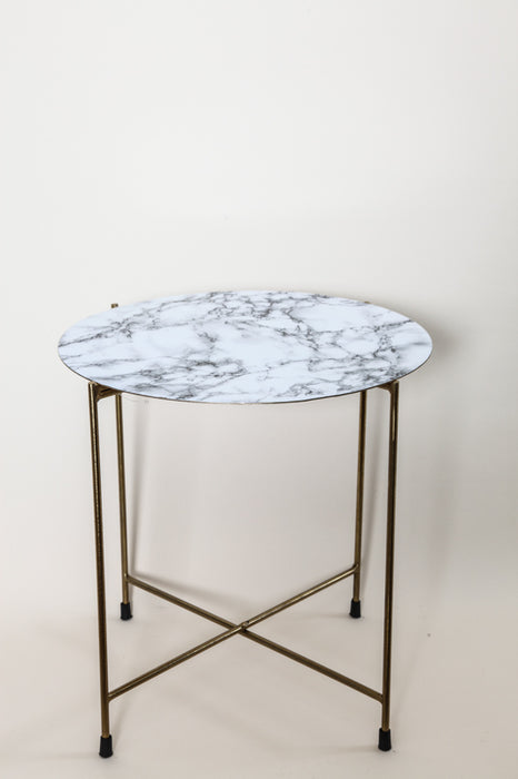 Table d'appoint en laiton doré, plateau imprimé motif marbre blanc 42 x 42 x 41 cm