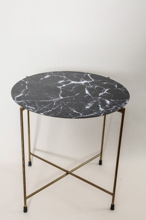 Table d'appoint en laiton doré, plateau imprimé motif marbre noir 42 x 42 x 41 cm